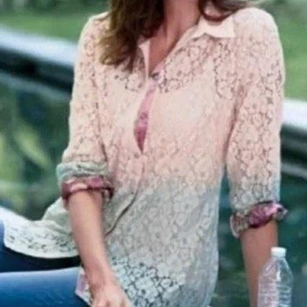 ❤️ Soft Surroundings Aurelie Dip Dye Eyelet Ombre Lace Button Down Size Large